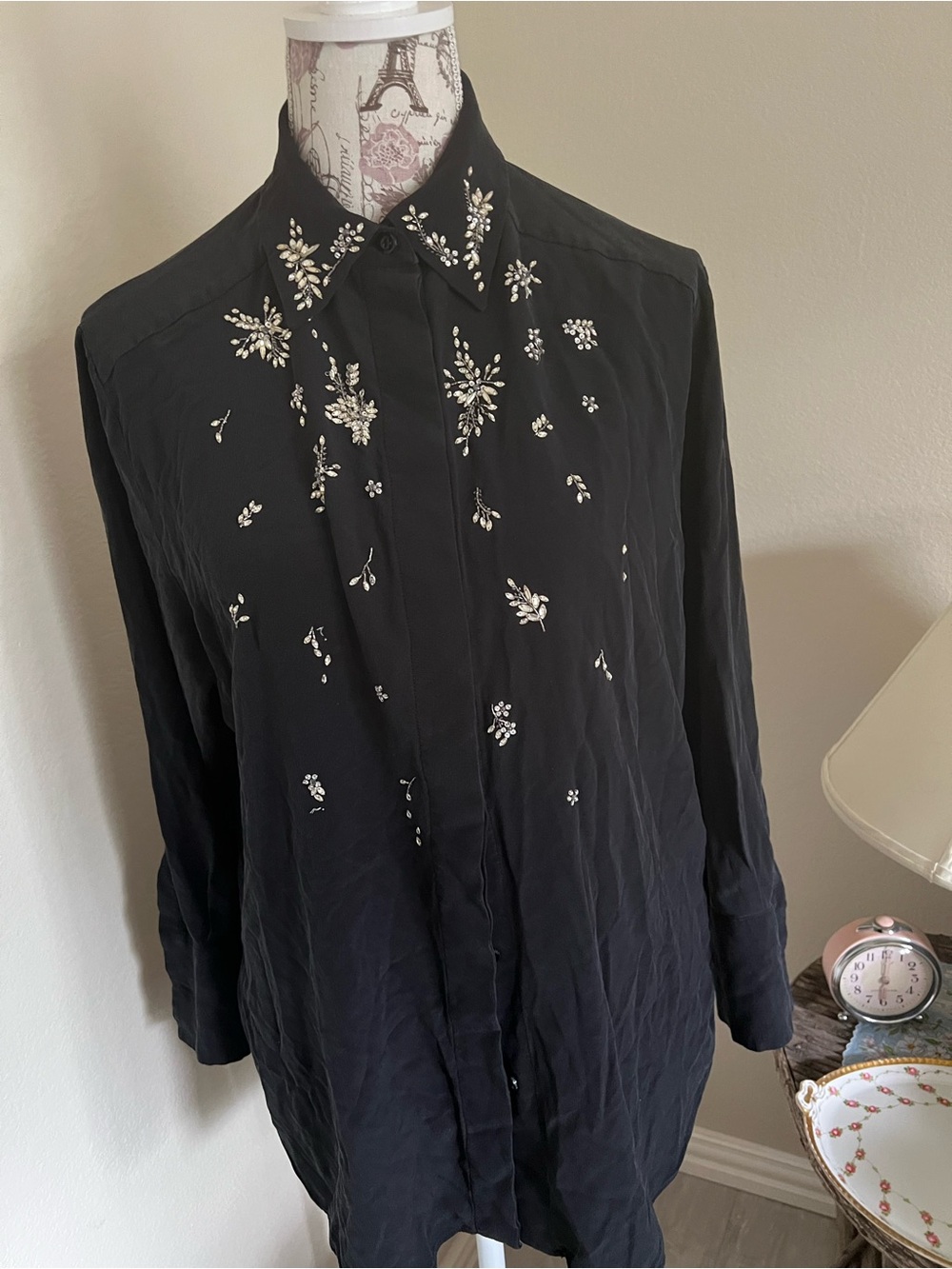 Givenchy Black Silk blouse with White Crystal Embellishments